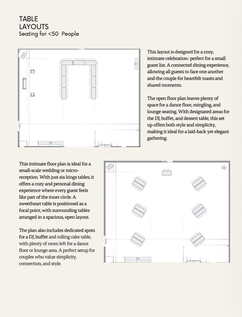 Table layout options for an intimate wedding or micro reception with seating for fewer than 50 guests.
